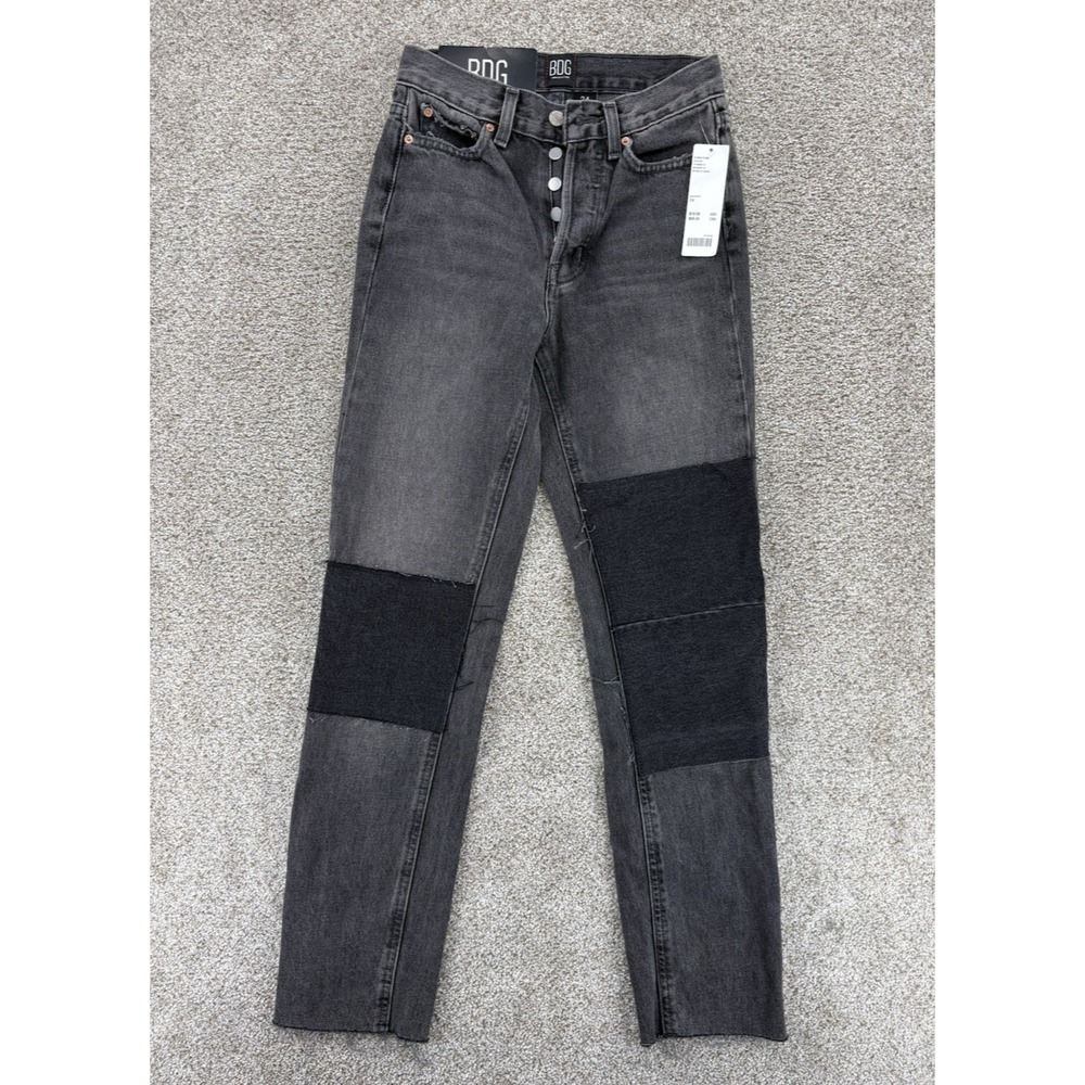Urban Outfitters BDG Slim Straight Patchwork Jeans Womens 24 Gray High‎ Rise NWT
